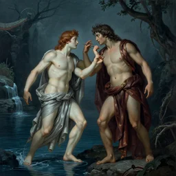 orpheus and eurydice, together in the underworld, next to the river styx, hd, three quarters shot,