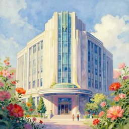 a painting of an art deco building surrounded by flowers, a watercolor and matte painting by beeple and rhads and mark keathley, wes anderson, cgsociety, artdeco, utopian art, retrofuturism, sci - fi, artstation hq
