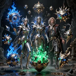 the female arcanist and the male artificer by albert bierstadt and gerald brom and zdzisław beksinski and james gilleard and wayne barlowe and marc simonetti, highly detailed, hyperrealistic, intricate, floating metallic objects, energy, electricity, blue flames, low light, glowing green crystals, high contrast
