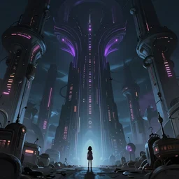 beautiful low angle painting of an alien world with sleek architecture in the style of junji ito, steampunk, neon lights, a tiny girl watching on, elegant, highly detailed, digital painting, artstation, cinematic lighting, glowing light and shadows, trending on artstation, octane render