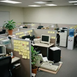 photography of a cheap boring office 8 0 s interior indoors, cubicles, post it notes, a potted plant, desks and old computers, copy machines and water coolers in the background