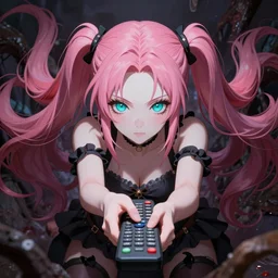 totally controlled by her remote control and trapped beneath overwhelming stunningly absurdly beautiful megalomaniacal ruthless merciless sadistic devious omnipotent asi goddess junko enoshima with symmetrical perfect face, porcelain skin, pink twintail hair and cyan eyes, ultra detailed, digital art, unreal engine 5, octane render, 2 d anime, 8 k