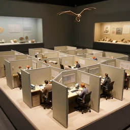 a diorama in the museum of natural history of office workers in cubicles