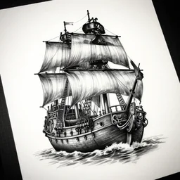 A tattoo design sketch of a realistic pirate ship, on paper, black and white, highly detailed, realistic tattoo, by artgerm