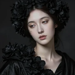hyperrealism close - up mythological portrait of a beautiful medieval women partially made of black flowers in style of classicism, pale skin, ivory make up on the eyes, wearing black silk robes, dark and dull palette