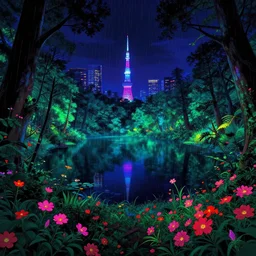 reclaimed by nature by kazuyo sejima, dramatic lighting lake darkacademia tokyo nightsky landscape retrowave thermal vision infrared lightpaint vaporwave nature rainforest myst anime thermal imaging neon noir alien reclaimed by nature flowers at night nightvision fisheye at dusk studio ghibli, archdaily, wallpaper, highly detailed, trending on artstation.