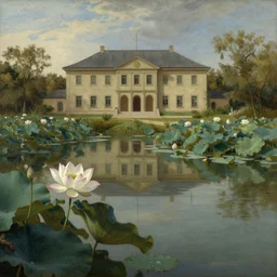 the lotus, the pool, the shadow, a beautiful painting of a building in a serene landscape by pieter aertsen, trending on artstation