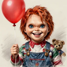 surrealism grunge cartoon portrait sketch of chucky with a wide smile and a red balloon by - michael karcz, loony toons style, teddy bear style, horror theme, detailed, elegant, intricate