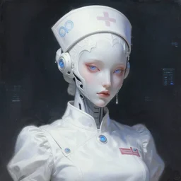 a white cast futuristic biomechanical humanoid evil nurse with pretty face, porcelain skin, ornate headpiece, futuristic digital painting, cyberpunk, 8 k,
