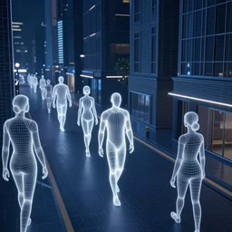 3 d wireframe of city street humans, dark blues, and glowing whites, full colour, hyper realistic photo, unreal engine, upscale, 8 k, masterpiece,