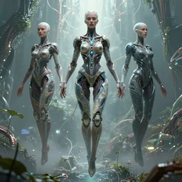karol bak and tom bagshaw and wlop symmetrical full body character portrait of the borg queen of sentient parasitic flowing ai, floating in a powerful zen state, supermodel, beautiful and ominous, wearing combination of mecha and bodysuit made of wires and fractal ceramic, machinery enveloping nature in the background, artstation scifi character digital concept render