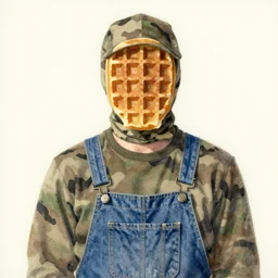 portrait of a man camouflaged as a waffle whilst wearing denim coveralls graham sutherland greg rutkowski ismail inceoglu eyvind earle dan witz mark ryden watercolor