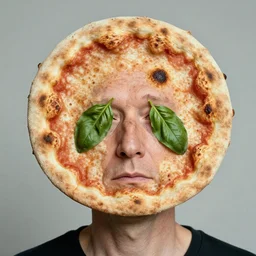 portrait of man with facial deformity making the head a flat and circular disc, looking like a neapolitan pizza, uneven skin with baked crust appearance, large freckles like burnt spots, cheeks look like basil leaves, muted colors, soft lighting, sharp focus, neutral background, masterpiece, photo by jimmy nelson, giger, steve mccurry