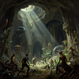 asimov alien deep ancient underground dungeon fantasy ruins flora fauna by syd mead, frank frazetta, ken kelly, simon bisley, richard corben, william - adolphe bouguereau