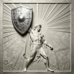 An art deco representation of a man holding up a medieval shield with rays of light coming off of it, superhero, atlas, Prometheus, stylized, modern, retro, 1930, embossed