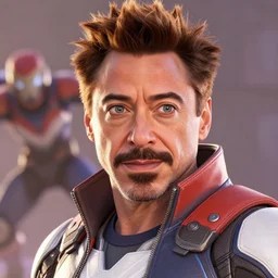 Robert Downey Jr as a character in the game Overwatch, detailed face, action shot
