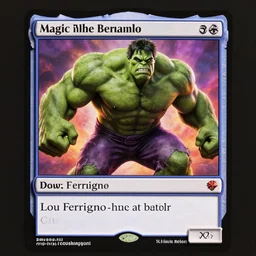 magic the gathering card, lou ferrigno as an hulk, grey skin!!!, octane render, artgerm, denis sarazhin, beeple, greg rutkowski, rim light, vibrant colors, highly detailed, dramatic lighting, 8 k, trending on artstation, very coherent