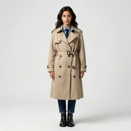 petite detective in trench coat, photorealistic portrait photography, full body, standing, isolated on a pure white background, centered, whole figure in frame, sharp focus, studio lighting