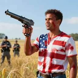 blood of the patriot nourishing the corn syrup field of liberty, holding a nailgun fbi agents in the background
