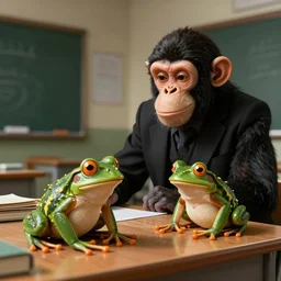happy ape professor teaching frogs in a class room, realistic, detailed, artstation, dramatic light
