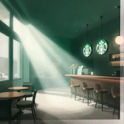 editorial illustration by karolis strautniekas and mads berg, illustrated starbucks interior, low fog, fine texture, detailed, ( ( dark green, white, brown ) ), muted colors, dramatic lighting, dynamic composition, vivid, matte print, wide angle, ( ( sunbeams ) ), moody