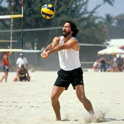 film still of Keanu Reeves as Maverick playing beach volleyball in Top Gun 1986