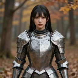 a masterpiece hyperrealistic ultradetailed fullbody photograph of a lifelike real human anime girl wearing steel plate armor, autumn forest background, made by wlop, trending on artstation, face, actual person, k - pop, rough skin pores texture, photoreal image, desaturated, 3 d rendered, unreal engine 5, extremely detailed, sharp focus, 4 k