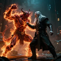 cyberpunk gandalf fighting the fiery balrog cinematic shot