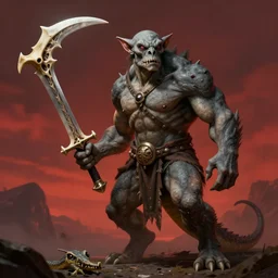 dog - faced muscular goblin, ugly face, lizard tail, holding scimitar made of bone, scimitar, sword, jagged sword, curved sword, orkish sword, gray skin, red sky, hyper - detailed, primeval fantasy, prehistoric fantasy, art by jacques - louis david