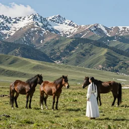 scenic western mountain landscape with wild horses and a woman in a long white traditional dress, albert aublet, oil on canvas, beautifully lit, artstation