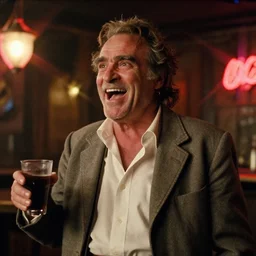 the medium shot of grinning old drunkard ( ( ( ( ( joaquin phoenix ) ) ) ) ) with sideburns worn in old grey jacket and a white shirt sings in steampunk bar, still frame from movie with cinematography of christopher doyle, neon lighting, anamorphic lens, vintage film, optical flares, award winning photo, 8 k