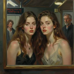woman and woman in the void, by the mirror, station, james gillard, zdislav bexinski, high detail alex colville, otto mueller, jean - michel basquiat, stephen conroy, andrea couch, andrew newell wyeth, daniel meidman yussi picho octane rendering