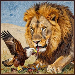impressionistic mosaic of a lion eating an eagle