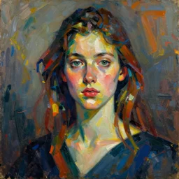 girl portrait, abstract, rich details, modern composition, coarse texture,  concept art, visible strokes, colorful, Kirchner, Gaughan, Caulfield,  Aoshima, Earle