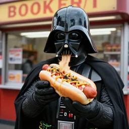 photo of darth vader in front of a hot dog shop eating a hotdog, messy, very detailed