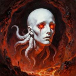 painting by wayne barlowe of a flying sorrowful looking severed human head with tears running down it's eyes, face that is chalk white in color, with long sprawling white tentacles stemming down it's neck, fiery scorching red eyes, flying inside a terrifying hellish cave with lava flowing through it's walls, 4 k