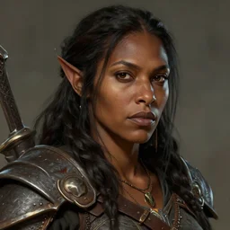 masterpiece closeup portrait of a Dwarven woman with dark skin, wearing adventuring gear, by Greg Rutkowski, 4k, matte painting, dungeons and dragons, detailed