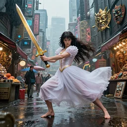 hyper realistic Princess Mononoke attacking Cthulhu with a golden sword, ornate mask, wet market street, rainy atmosphere, cyberpunk metropolis, city landscape, jewels, full body pose, style of tom bagshaw, mucha, james gurney, norman rockwell, denoised, sharp