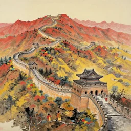 a realistic detail portrait of a valley, the great wall, chinese, ink painting by julian calle, greg rutkowski, finnian macmanus, syd mead trending on artstation, red and yellow scheme, 8 k, wide - angle lens