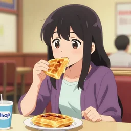 anime girl eating waffles in style of ihop