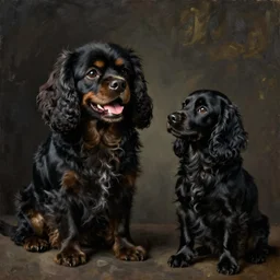 painting of a dark, happy, smiling, black cavalier king charles spaniel cross with completely black cockerspaniel with black fur thinking about being a good boy. art by vermeer