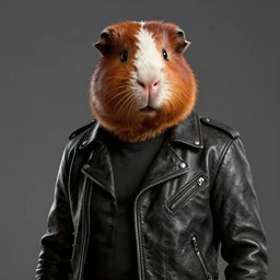 a professional photo portrait of a guinea pic rocker with a leather jacket, digital - art, very sharp and detailed, octane render