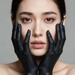 a beautiful woman with black - painted hands on her face, eyes looking straight, despaired look, detailed face