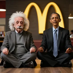 Einstein and Obama doing meditation at McDonalds, ultra detailed, photorealistic, dramatic lighting