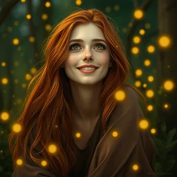 infp young woman, smiling amazed, golden fireflies lights, sitting in the midst of nature fully covered, long loose red hair, intricate linework, bright accurate green eyes, small nose with freckles, oval shape face, realistic, expressive emotions, dramatic lights spiritual scene, hyper realistic ultrafine art by michael cheval, jessica rossier, boris vallejo