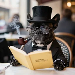 a portrait picture of a black french bulldog wearing a dinner jacket wearing a top hat and reading glasses, smoking a pipe sitting at a table at a french cafe photograph nikon d 7 0 0 s symmetric
