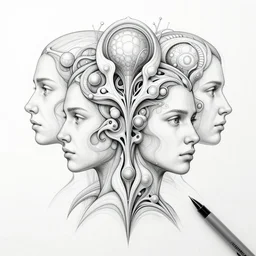 symmetry! portrait of multiple faces meeting humans scientific intelligences, mooc, organic and intricate, elegant, highly detailed, concept art, smooth lines, sharp focus, lineart, illustration, shadows, penned with thin rotring pen on white, 8 k