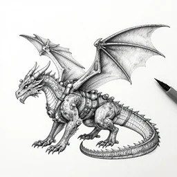 pen and ink drawing, real dragon with steam punk apparatus strapped to it, white background, Olivia Kemp, julia Hill