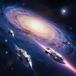An interstellar exhibition fleet traveling faster than light, goes from the one side of a galaxy to the other, digital art, very high detailed, anime
