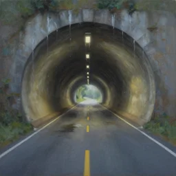 a beautiful landscape painting, a single lane tunnel with overhead lights, water running down the walls and pooling, by sam guay, moody lighting, hyperrealism, 4 k, octane render